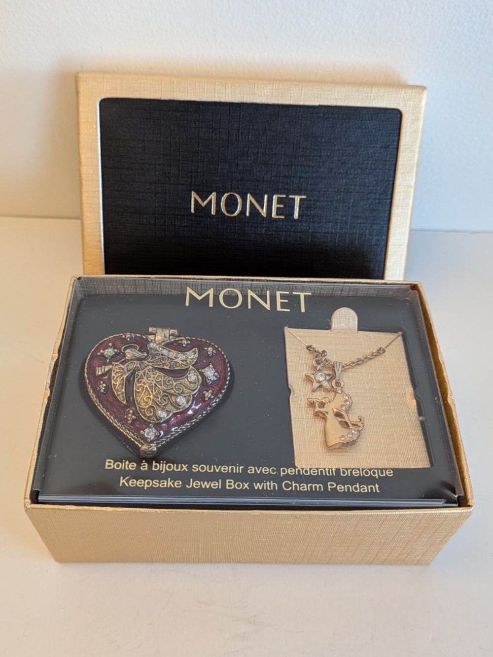 Monet ANGEL HEART Collectible Keepsake Trinket Box with Angel Charm Pendant NIB